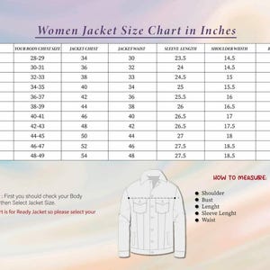 Puede incluir: Una tabla de tallas para chaquetas con medidas en pulgadas desde XXS hasta 6XL, incluyendo pecho, cintura, largo de manga, ancho de hombros y largo de cuerpo. Un dibujo lineal de una chaqueta muestra c&oacute;mo tomar las medidas.