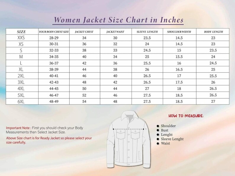 Puede incluir: Una tabla de tallas para chaquetas con medidas en pulgadas desde XXS hasta 6XL, incluyendo pecho, cintura, largo de manga, ancho de hombros y largo de cuerpo. Un dibujo lineal de una chaqueta muestra c&oacute;mo tomar las medidas.