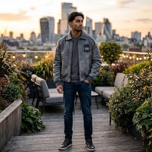May include: A gray textured bomber jacket with a collar, ribbed cuffs, and a dark patch on the chest, worn over a dark gray t-shirt with dark blue denim jeans and dark gray sneakers. The jacket features a full-length front zipper closure.