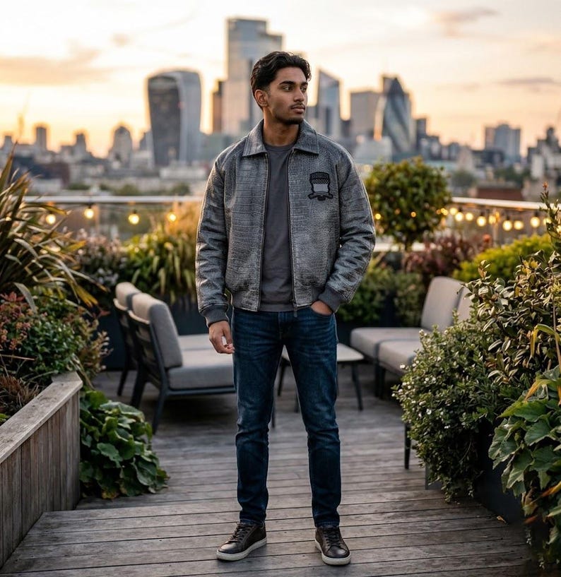 May include: A gray textured bomber jacket with a collar, ribbed cuffs, and a dark patch on the chest, worn over a dark gray t-shirt with dark blue denim jeans and dark gray sneakers. The jacket features a full-length front zipper closure.