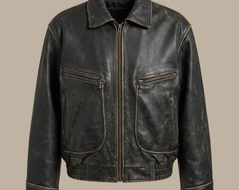 Women Distressed Black Leather Jacket Oversized Vintage Bomber Aviator Biker Streetwear Coat