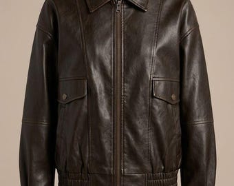 Vintage Distressed Black Leather Jacket Women Oversized Bomber Aviator Biker Streetwear Coat