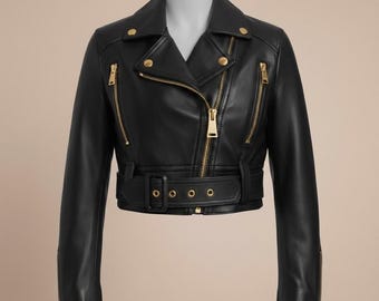 Women Cropped Leather Biker Jacket Short Fit Moto Fashion Streetwear Outerwear Coat