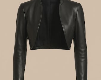 Women's Handmade Black Cropped Bolero Leather Jacket Short Moto Biker Fashion Crop Coat