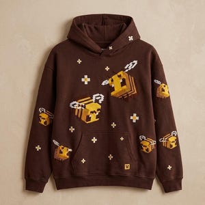 Brun Pixel Bee 3D-tryckt överdimensionerad hoodie i fleece med streetwear-motiv och grafisk tröja