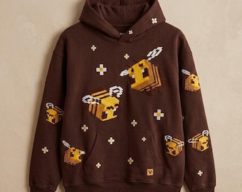 Brown Pixel Bee 3D Printed Oversized Hoodie Fleece Streetwear Pullover Graphic Sweatshirt