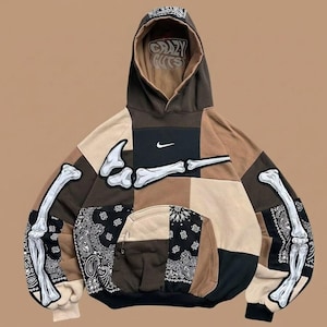 Reworked Brown Bandana Patchwork Hoodie | Oversized Streetwear Graphic Pullove