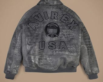 Chaqueta bomber de cuero Avirex para hombre, chaqueta de piloto de piel de cocodrilo desgastada, abrigo de cuero genuino hecho a mano.