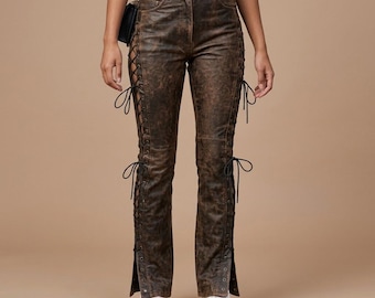 Distressed Brown Leather Lace Up Pants Women High Waist Biker Trousers Slim Fit Vintage Style