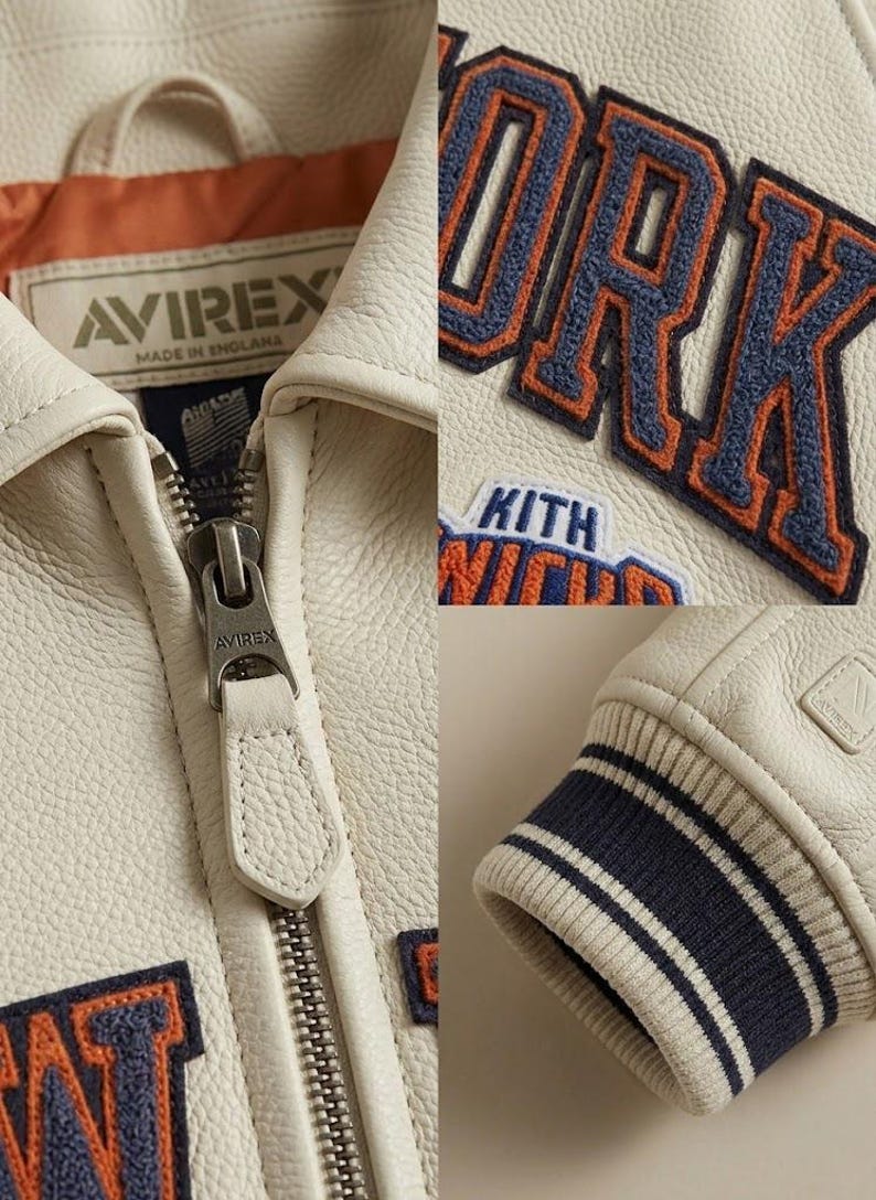 May include: Cream-colored leather jacket with the word "YORK" in navy and orange lettering. The jacket features a zipper closure, ribbed cuffs with navy and white stripes, and the brand "AVIREX" is visible.