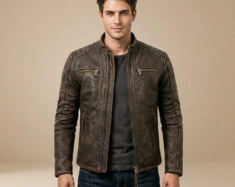 Mens Distressed Brown Black Leather Biker Jacket Motorcycle Genuine Leather Riding Jacket