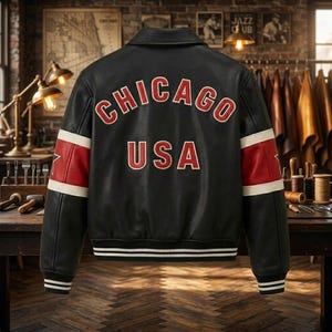 May include: A black leather varsity jacket featuring the word CHICAGO in red letters arched across the upper back, with USA in red letters below. The sleeves have red and white horizontal stripes, and the cuffs and hem have black and white stripes.