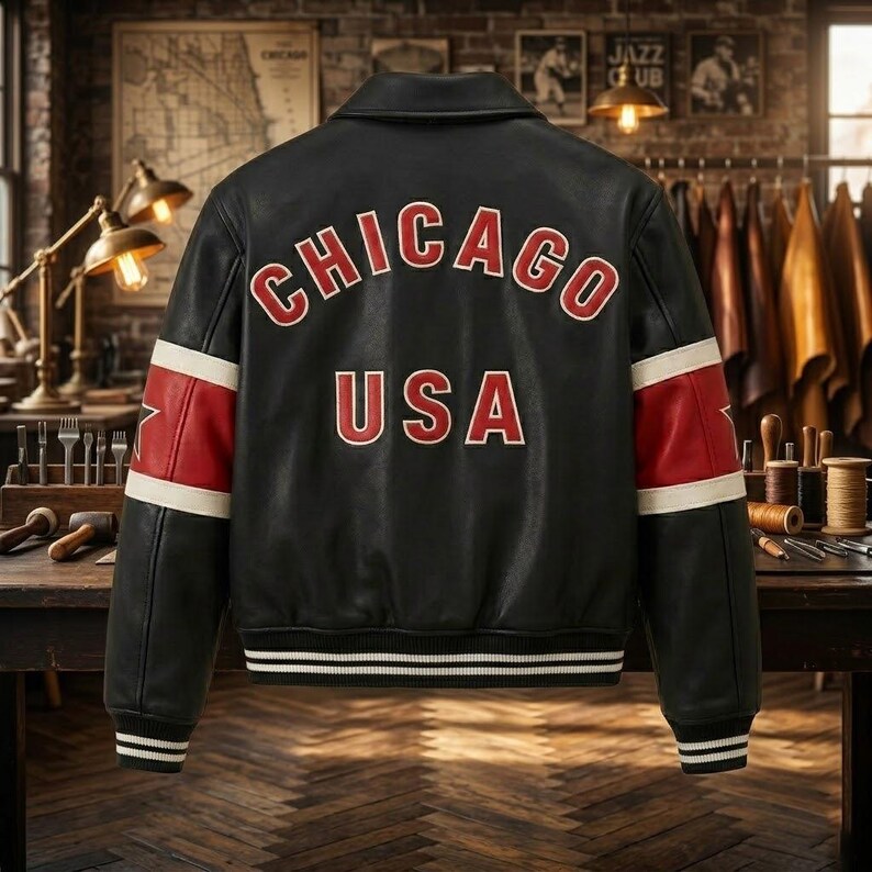 May include: A black leather varsity jacket featuring the word CHICAGO in red letters arched across the upper back, with USA in red letters below. The sleeves have red and white horizontal stripes, and the cuffs and hem have black and white stripes.