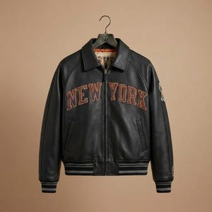 K&ouml;nnte beinhalten: Schwarze Lederjacke mit dem Schriftzug "NEW YORK" in orangefarbenen Buchstaben auf der Brust. Die Jacke hat einen Rei&szlig;verschluss, einen Kragen und gestreifte B&uuml;ndchen und Saum. Sie h&auml;ngt an einem schwarzen Kleiderb&uuml;gel.