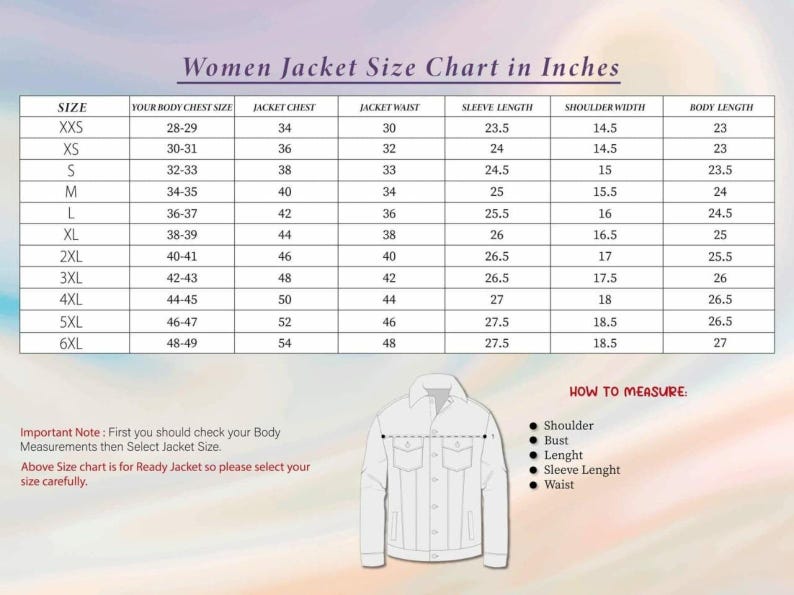 May include: A size chart for women's jackets, displaying measurements in inches. The chart includes sizes from XXS to 6XL, detailing body chest, jacket chest, waist, sleeve length, shoulder width, and body length. Instructions and a jacket illustration are also included.