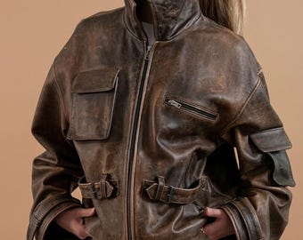 Vintage Brown Lambskin Leather Jacket Distressed Cropped Bomber Women Retro Biker Coat