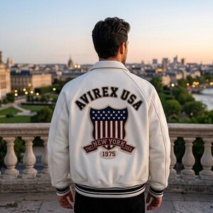 Men Avirex White Real Leather Bomber Jacket American Flight Cafe Racer Biker Jacket for Men image 5