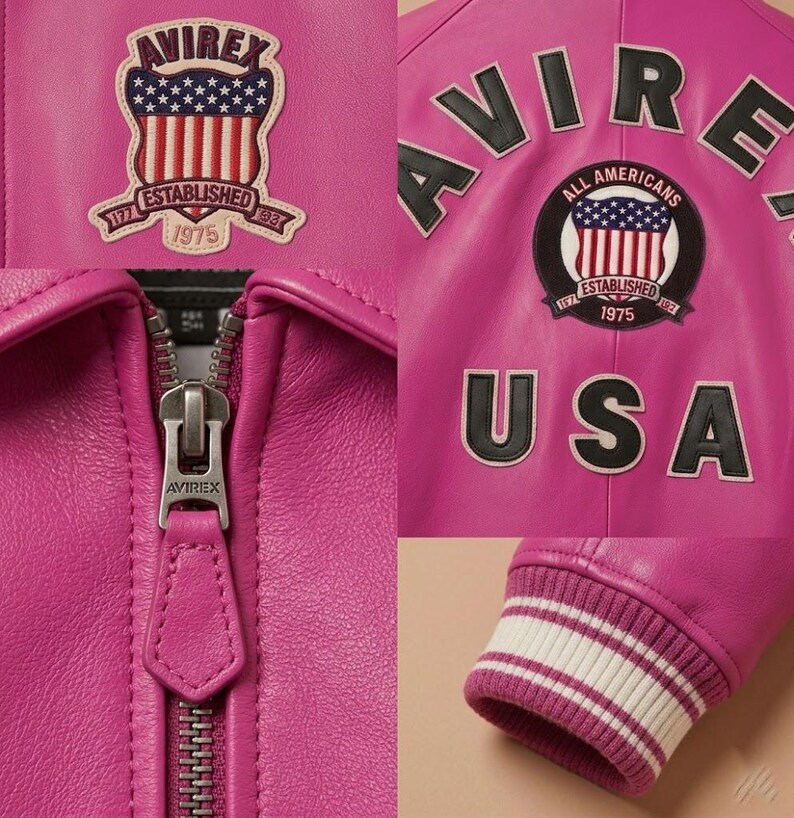 May include: Close-up of a bright pink leather jacket with multiple patches. The jacket features a zipper with the brand name "AVIREX" and a ribbed cuff with white stripes. Patches include the American flag and the text "ESTABLISHED 1975".