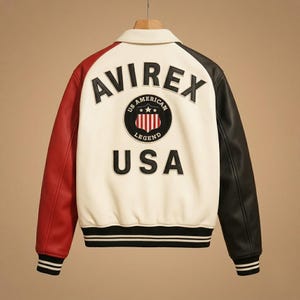 Peut inclure: Une veste style varsity avec un corps cr&egrave;me, une manche gauche rouge et une manche droite noire. Le dos pr&eacute;sente le texte AVIREX et USA en lettres noires, ainsi qu'un &eacute;cusson circulaire portant l'inscription US AMERICAN LEGEND et un bouclier.
