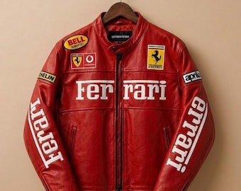 Ferrari Red Leather Racing Jacket Motorsport Biker Streetwear Moto Varsity Leather Coat