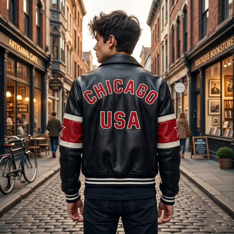May include: A black leather varsity jacket featuring the text CHICAGO USA in red lettering on the back. The jacket includes red and white striped sleeve panels with star accents, a ribbed collar, and ribbed cuffs with white and black stripes.