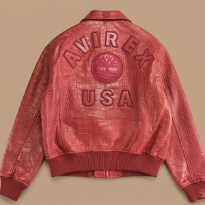 Avirex Crocodile Embossed Leather Bomber Jacket Red Black Brown Aviator Genuine Leather Coat RED