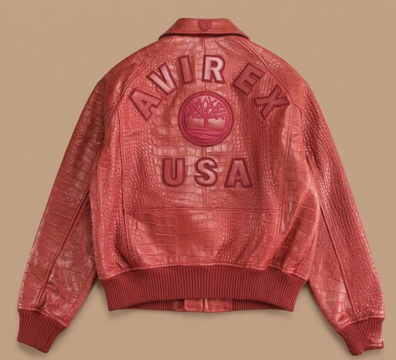 Avirex Crocodile Embossed Leather Bomber Jacket Red Black Brown Aviator Genuine Leather Coat RED
