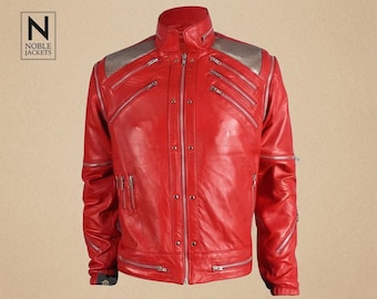 MJ Beat It Red Leather Jacket Detachable Sleeves Rockstar Biker Celebrity Fashion Jacket