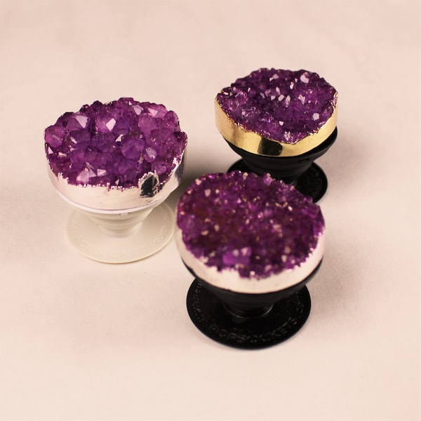 Raspberry Amethyst Pop Sockets Custom gemstone Phone grip holder original real pop socket gold, silver, or natural and black or white