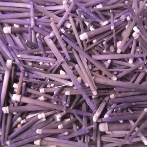 May include: A close-up image of a pile of purple and white sea urchin spines. The spines are long and thin, and they are arranged in a random pattern.