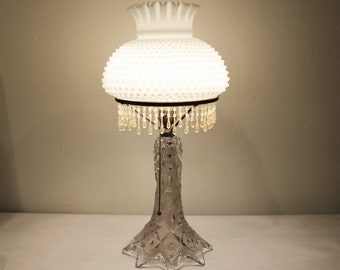 Vintage Antique pressed glass lamp and milk glass hobnail shade, approx 1940s-60s  (LAMP1A and 1B)