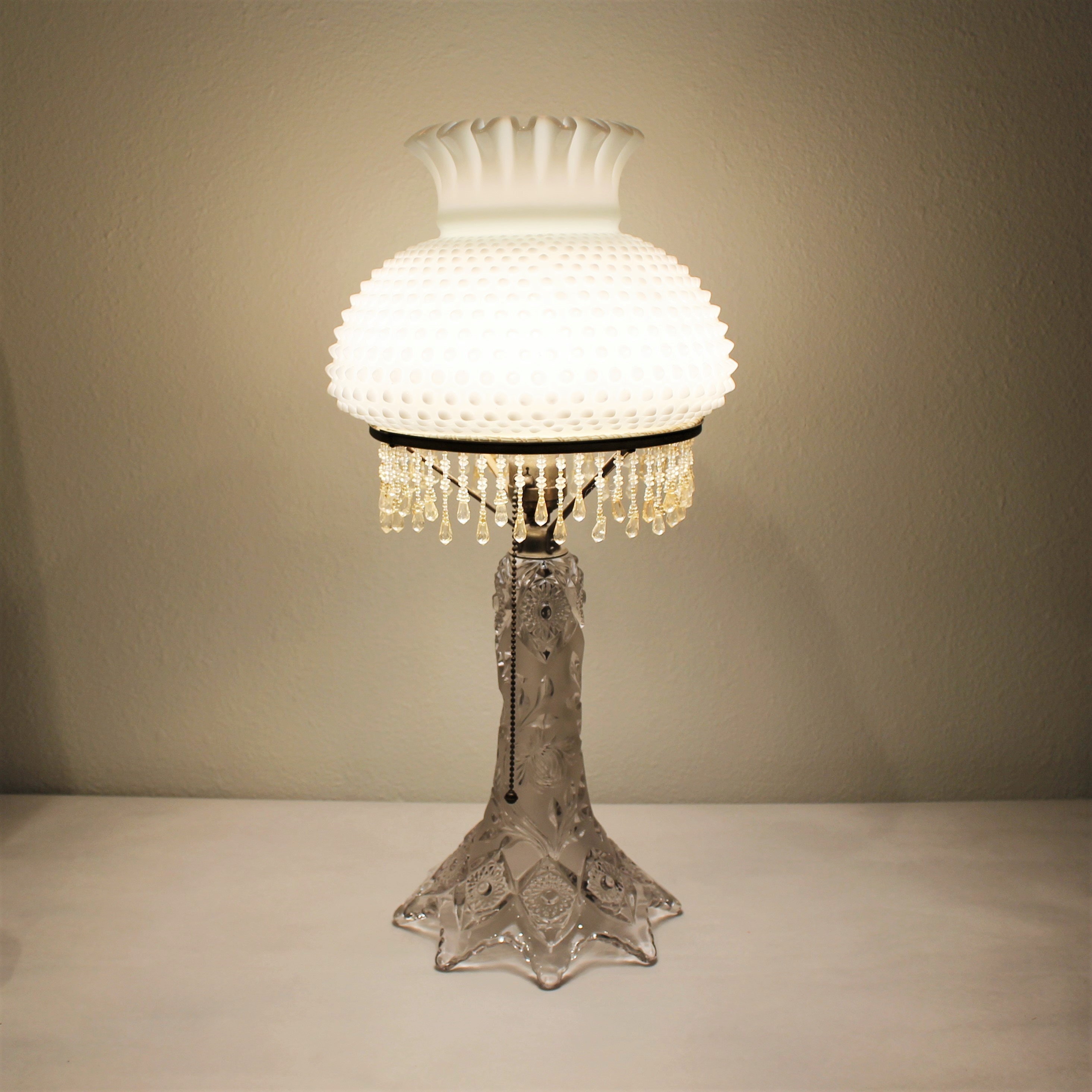 Vintage Antique Pressed Glass Lamp and Milk Glass Hobnail Shade