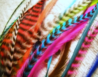 20 Long Thick Fuzzy Feather Hair Extensions Feathers Wholesale Grizzly and Straight color Rooster with Link Beads Included