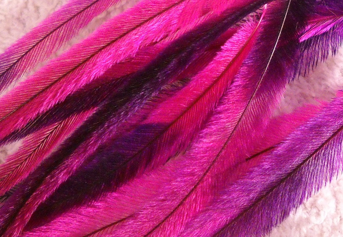10 Tie Dye Feather Extensions CRUELTY FREE Pink and Purple Emu | Etsy