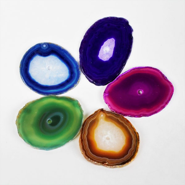 Multipack 2-3" agate slices DRILLED CENTER HOLE Assorted Colors crystal polished dyed slabs blue, green, pink, purple, brown