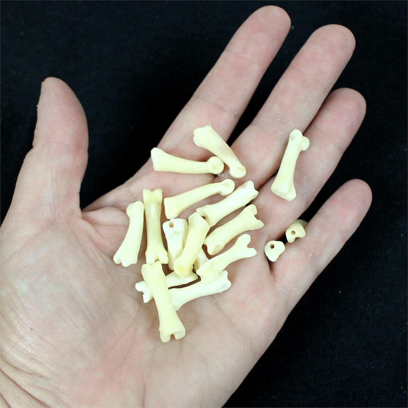 May include: A collection of small, off-white bone-shaped beads. The beads are scattered across a hand, with a dark background. The beads appear to be made of a natural material and are likely used for crafting or jewellery making.