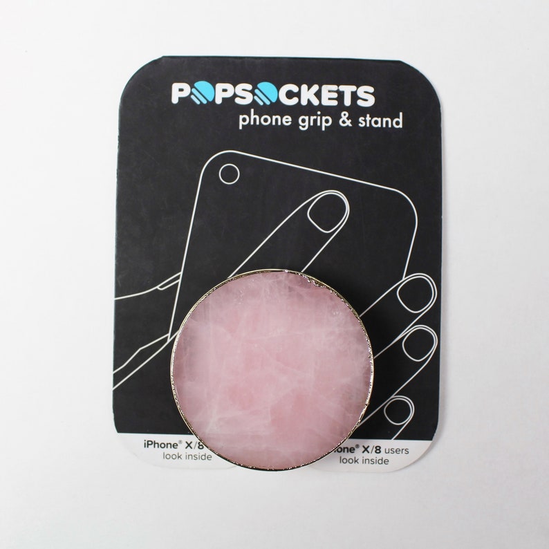 Round Agate popsockets ROSE QUARTZ Gold or Natural Edges salmon pink gemstone Popgrip Phone grip holder original real pop socket image 5