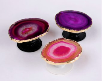 Customized Pop Sockets Pink or Fuschia Agate gold / copper plated gemstone Pop Out Phone grip original real pop socket POSTED 11/21/21