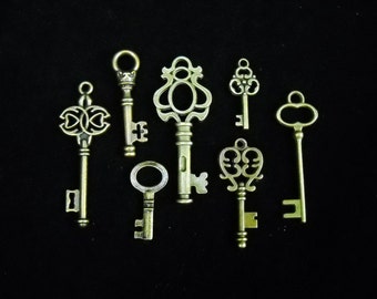 Multipack 7/8"-1 3/4" 7 piece Skeleton Keys antique bronze tone vintage antique charm steampunk metal replicas SMALL