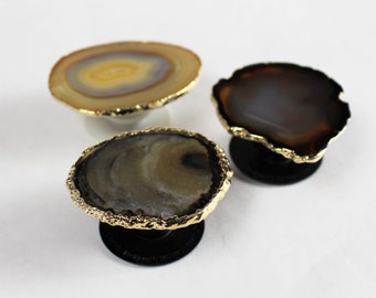 Brown or Tawny Orange Pop Sockets Agate copper and gold plated gemstone Popgrip Phone pop grip phone holder real pop socket POSTED 8/12/22