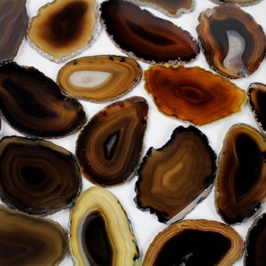 May include: A collection of agate slices in various shades of brown and tan. The slices are smooth and polished, with intricate patterns of concentric circles and bands.