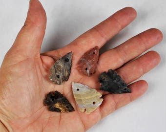 Multipack 1" Agate Arrowheads DRILLED 2 HOLE CONNECTORS Stone Knapped Arrowhead Spear Point Reproductions bulk wholesale