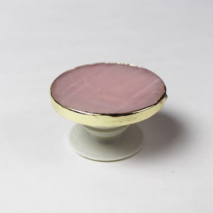 Round Agate popsockets ROSE QUARTZ Gold or Natural Edges salmon pink gemstone Popgrip Phone grip holder original real pop socket Gold Plate