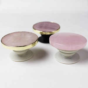 Round Agate popsockets ROSE QUARTZ Gold or Natural Edges salmon pink gemstone Popgrip Phone grip holder original real pop socket image 2