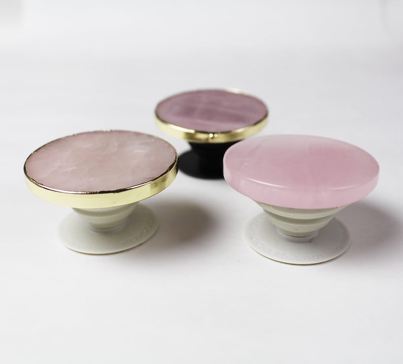 Round Agate popsockets ROSE QUARTZ Gold or Natural Edges salmon pink gemstone Popgrip Phone grip holder original real pop socket image 2