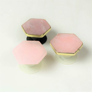 Hexagon Agate popsockets ROSE QUARTZ Gold or Natural Edges salmon pink gemstone Popgrip Phone grip holder original real pop socket