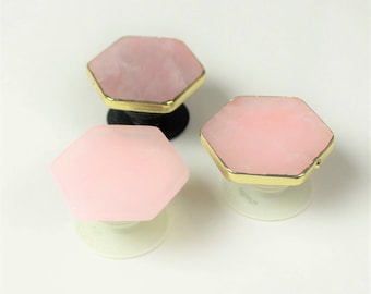 Hexagon Agate popsockets ROSE QUARTZ Gold or Natural Edges salmon pink gemstone Popgrip Phone grip holder original real pop socket