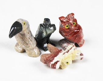 Animal Figurines of soap stone, Hawk, Owl, Toucan, Dragon Fly talisman totem charm spirit animal stone carving GROUP4