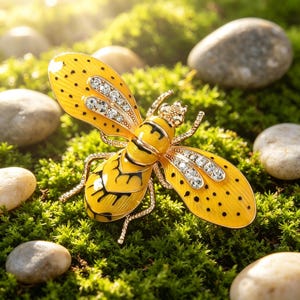 May include: A yellow and black bee-shaped brooch with rhinestone accents. The brooch has a gold-tone metal frame and is set against a backdrop of green moss and small stones. The bee's wings are adorned with sparkling rhinestones.