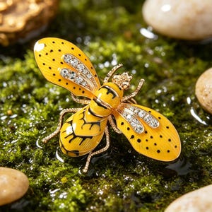 May include: A detailed, yellow and black bee-shaped brooch with rhinestone accents on the wings. The brooch has a gold-tone metal frame and is set against a backdrop of green moss and small stones.